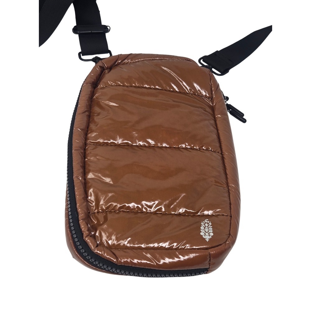 FP Movement Free People Puffer Crossbody Bag Brown Glossy Quilted Phone Pouch